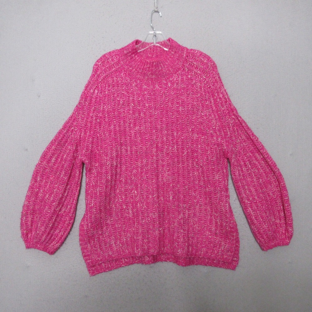 Pilcro Sweater Pink Mock Neck Oversized Ribbed Knit Wool Linen Balloon Sleeve